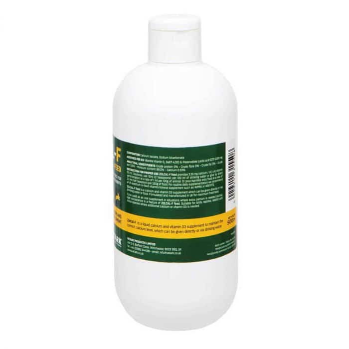 Back label of Vetark Zolcal-F liquid calcium and vitamin D3 supplement bottle