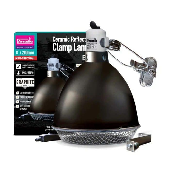 Arcadia 20cm ceramic reflector clamp lamp graphite with retail packaging