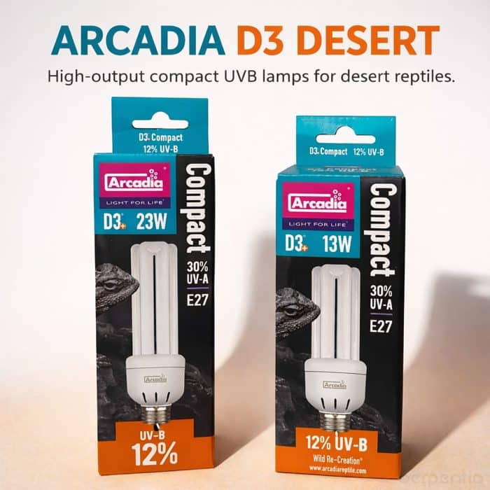 Arcadia D3+ Desert Compact UVB Lamp 12 percent UVB 13W E27 for desert habitat reptiles