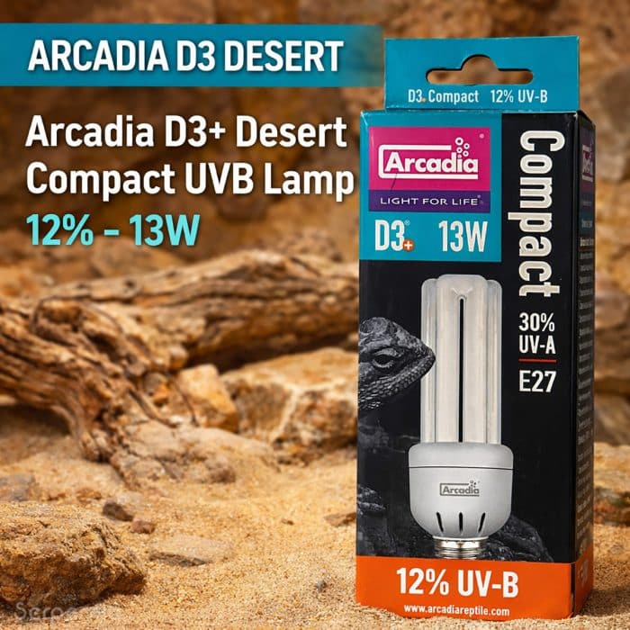 Arcadia D3+ Desert Compact UVB Lamp 12 percent UVB 13W compact fluorescent for Desert dwelling reptiles