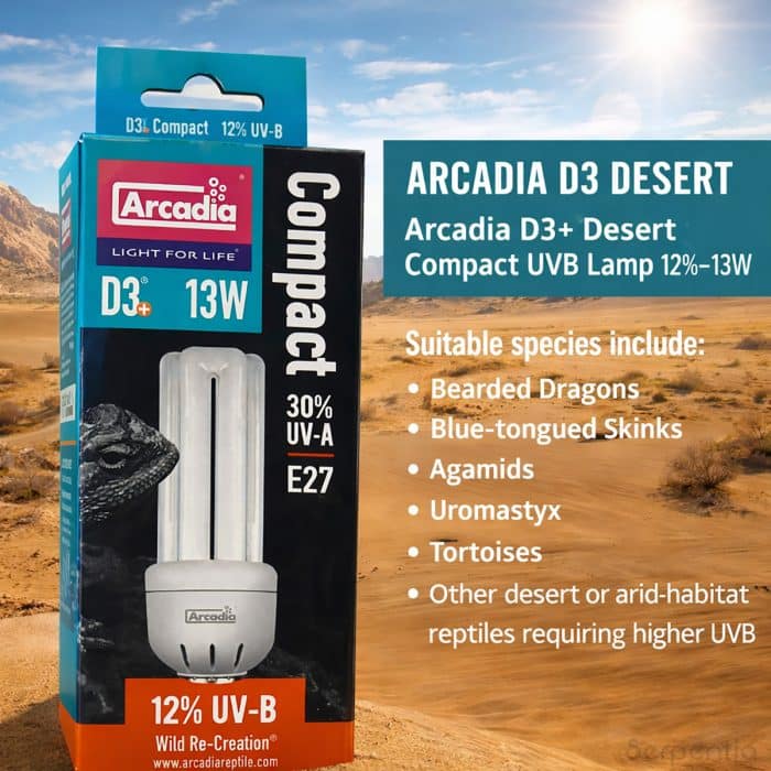 Arcadia D3+ Desert Compact UVB Lamp 12 percent UVB 13W compact fluorescent for desert dwelling reptiles