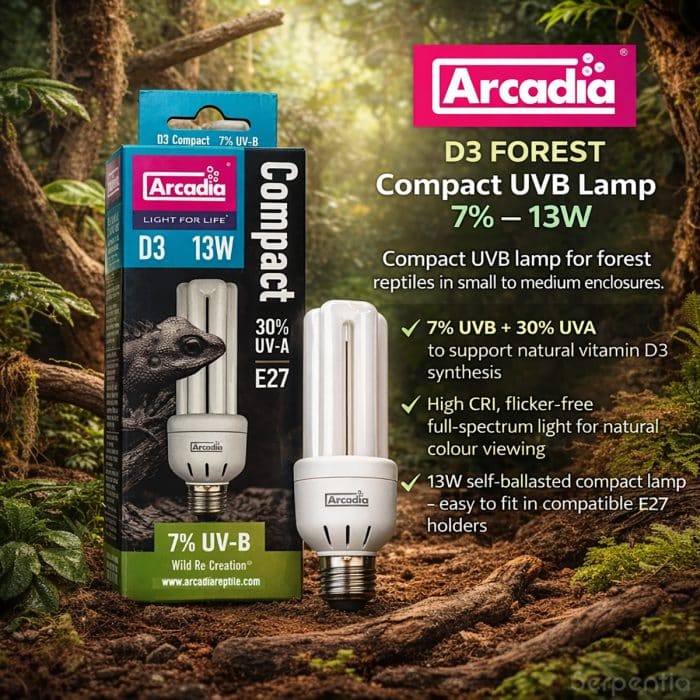 Arcadia D3 Forest Compact UVB Lamp 7 percent UVB 13W E27 in forest reptile enclosure setting