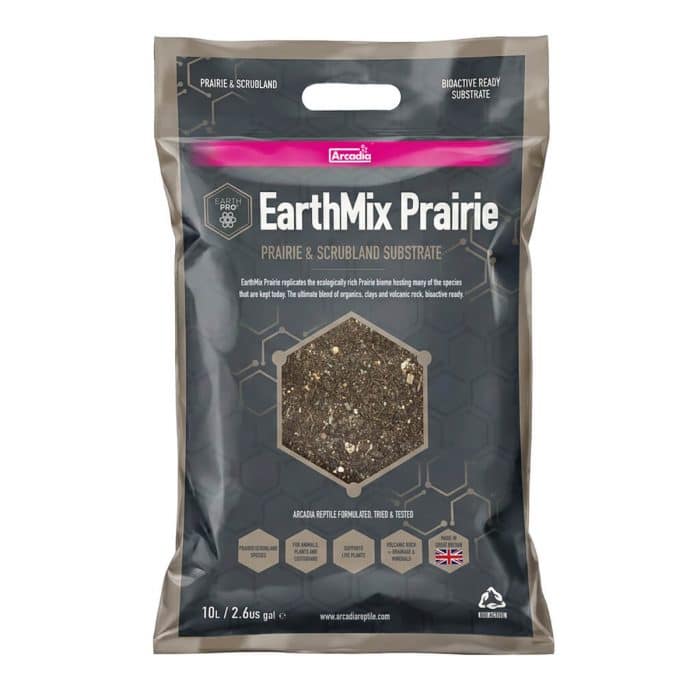 Front packaging of Arcadia EarthMix Prairie 10 litre prairie and scrubland substrate