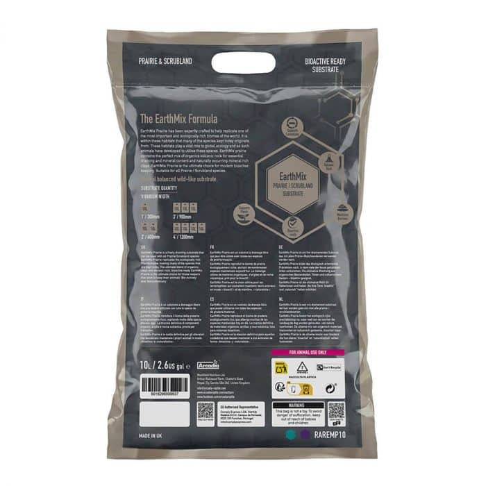 Rear packaging of Arcadia EarthMix Prairie 10 litre prairie and scrubland bioactive substrate
