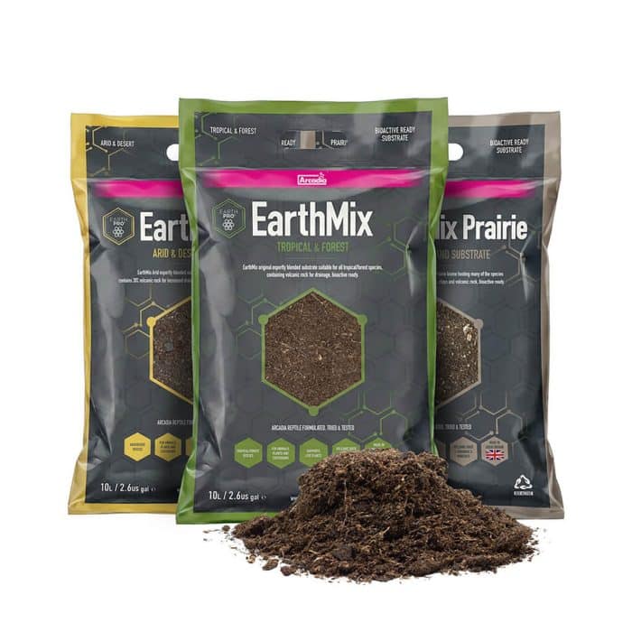 Arcadia EarthMix substrate range showing Arid Tropical and Prairie 10 litre bioactive substrates