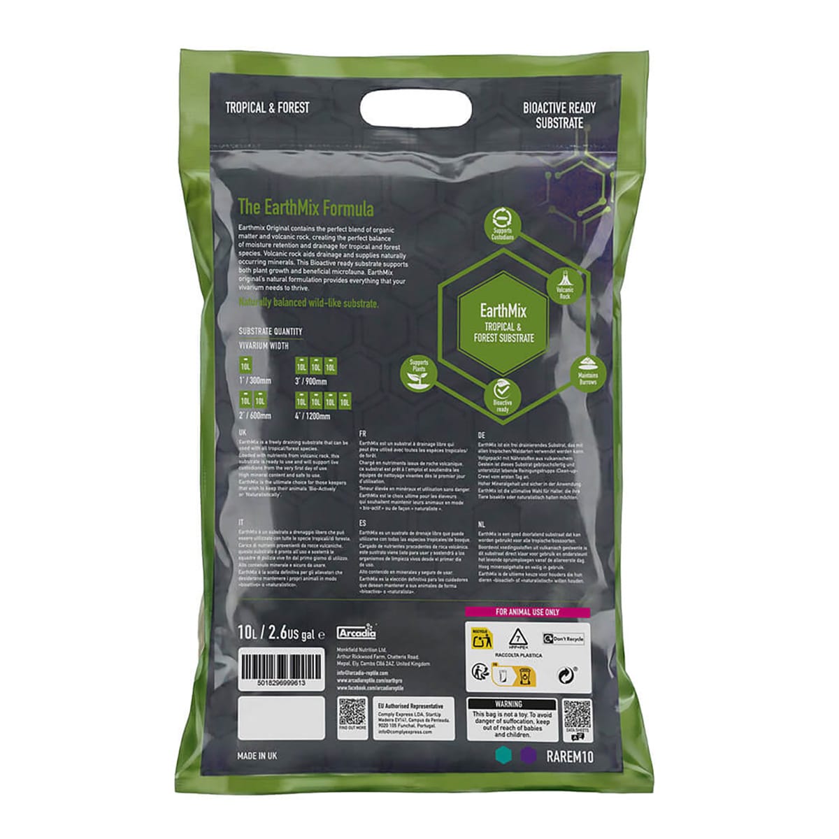 Rear packaging of Arcadia EarthMix Tropical and Forest 10 litre bioactive reptile substrate