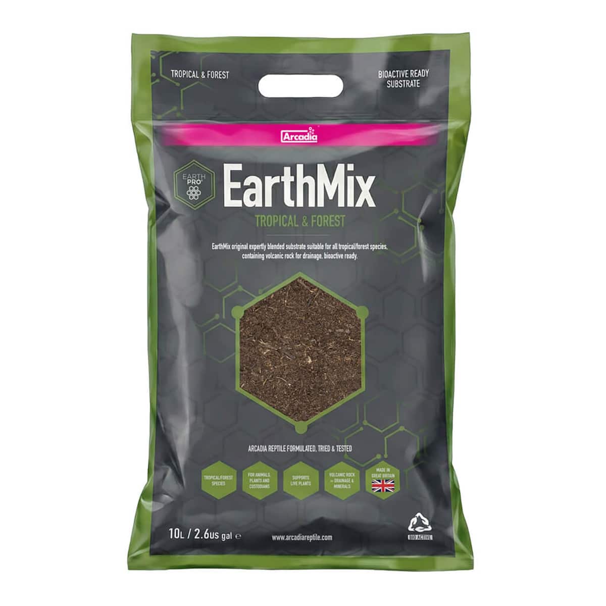Front packaging of Arcadia EarthMix Tropical and Forest 10 litre tropical reptile substrate