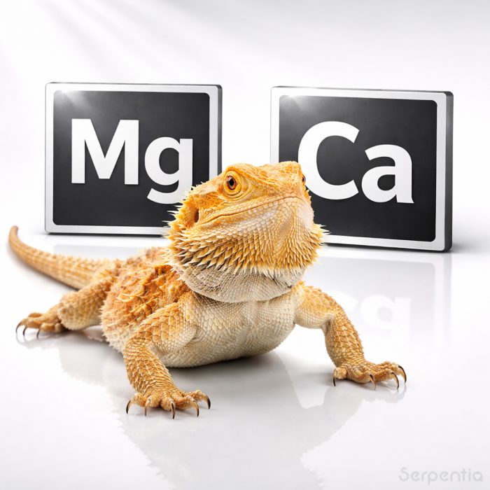 Bearded dragon with magnesium and calcium symbols representing balanced reptile supplementation using Arcadia EarthPro Ca-Mg 80g