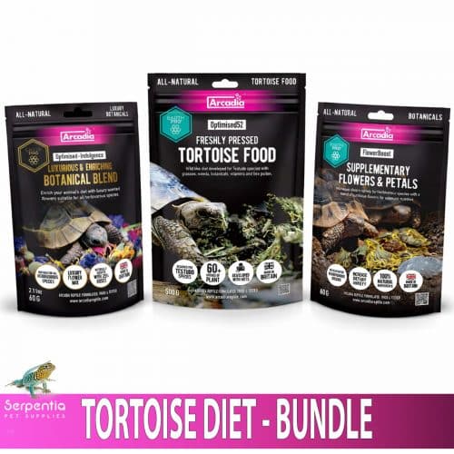 Arcadia EarthPro tortoise diet bundle including optimised52 tortoise food, optimised indulgence botanical blend and flower boost reptile diet supplements