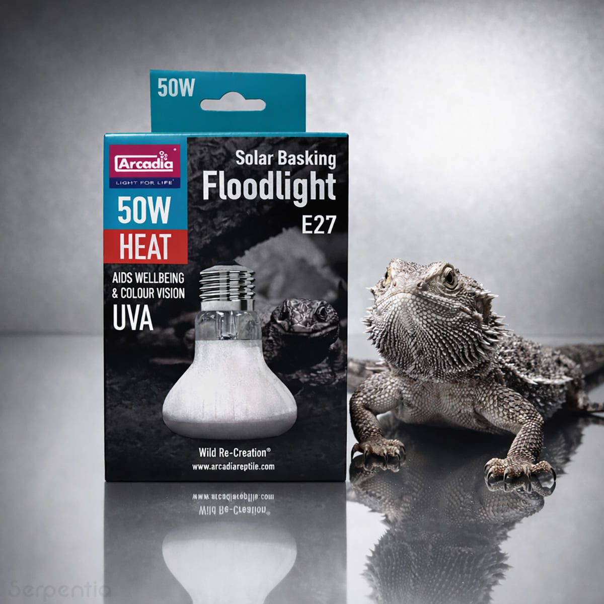 Arcadia Solar Basking Floodlight 50W reptile basking heat lamp suitable for bearded dragons