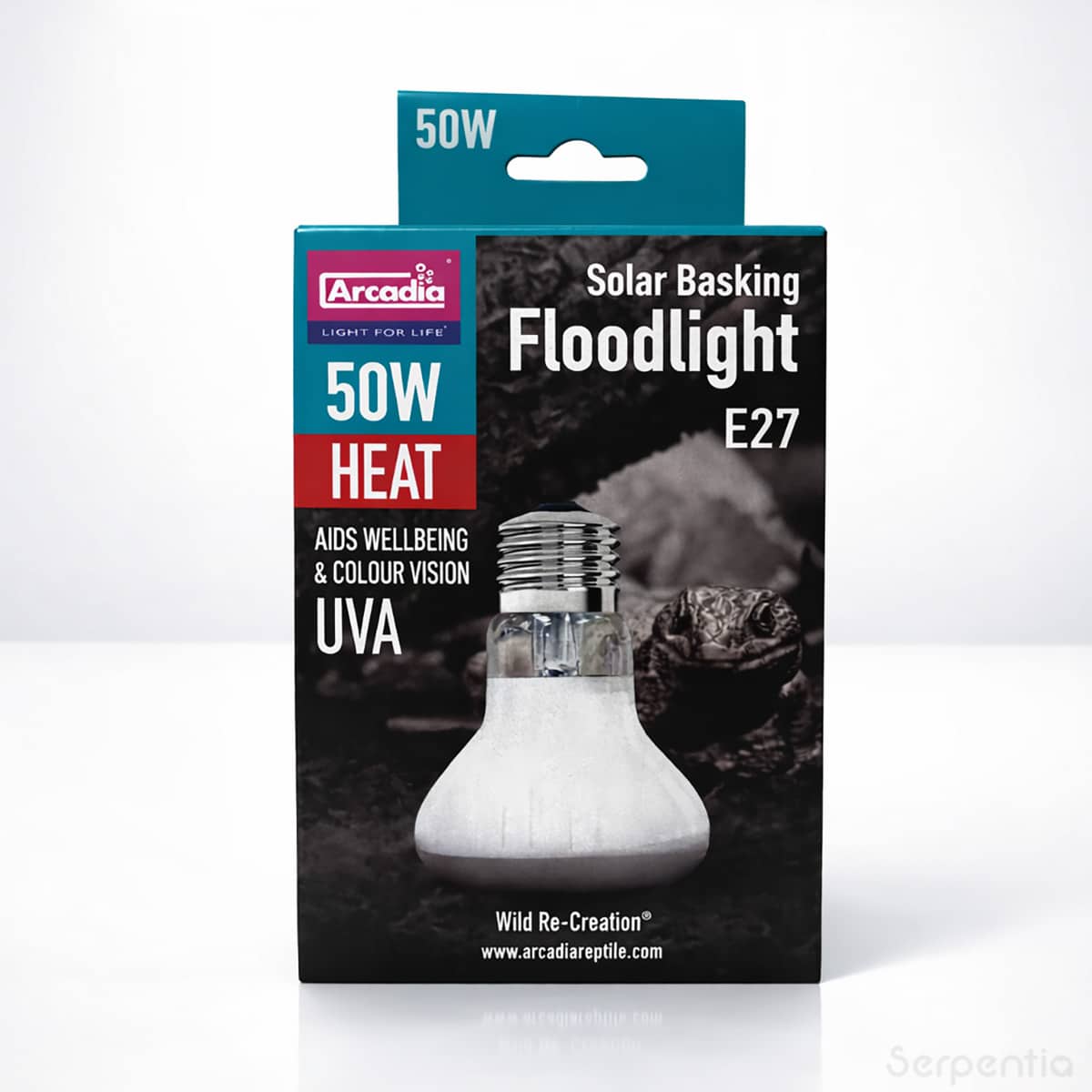 Arcadia Solar Basking Floodlight 50W E27 reptile basking heat lamp with UVA