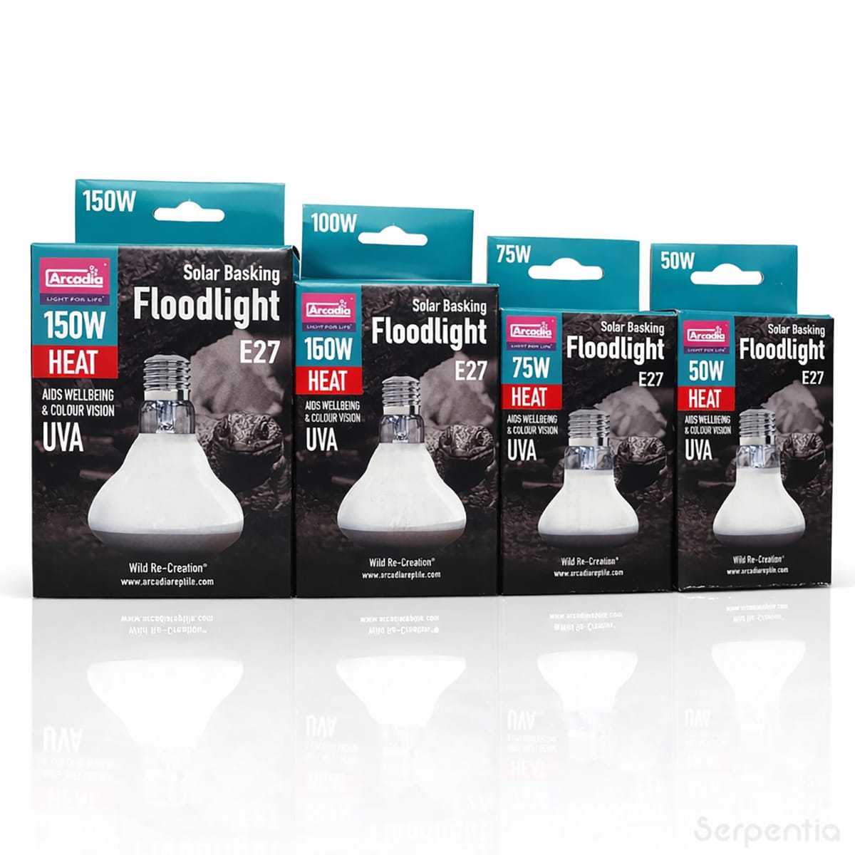 Arcadia Solar Basking Floodlight reptile basking bulb range showing 50W 75W 100W and 150W E27 heat lamps