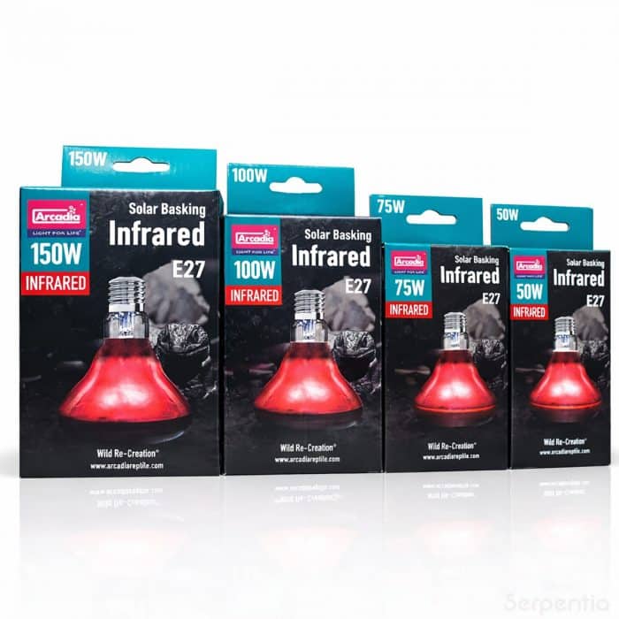 Arcadia Solar Basking Infrared reptile basking bulb range showing 50W 75W 100W and 150W E27 heat lamps