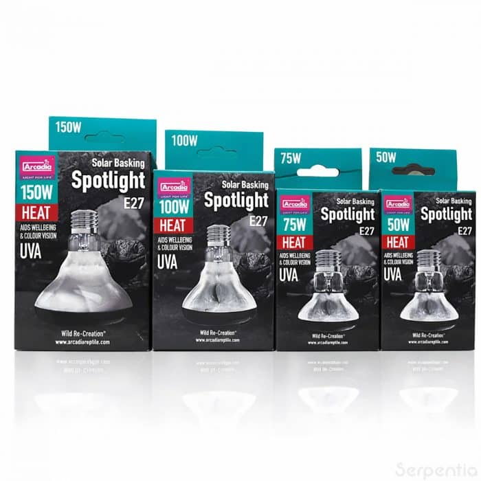 Arcadia Solar Basking Spotlight reptile basking bulb range showing 50W 75W 100W and 150W E27 heat lamps