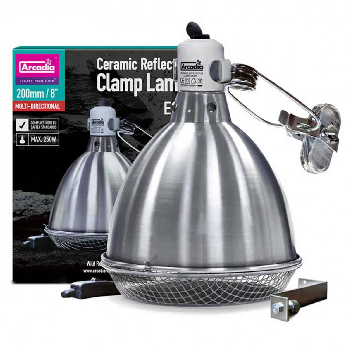 Arcadia 20cm ceramic reflector clamp lamp stainless steel with retail packaging