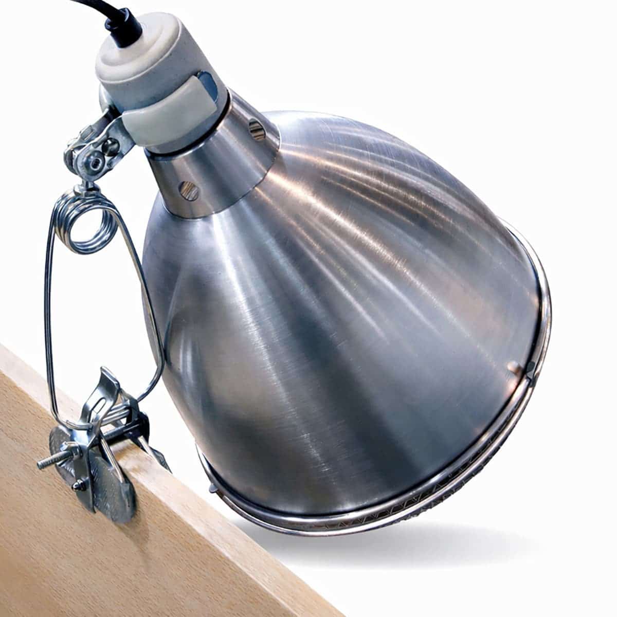 Arcadia 20cm clamp lamp stainless steel showing reflector dome and protective mesh guard mounted on the side of a wooden tortoise table