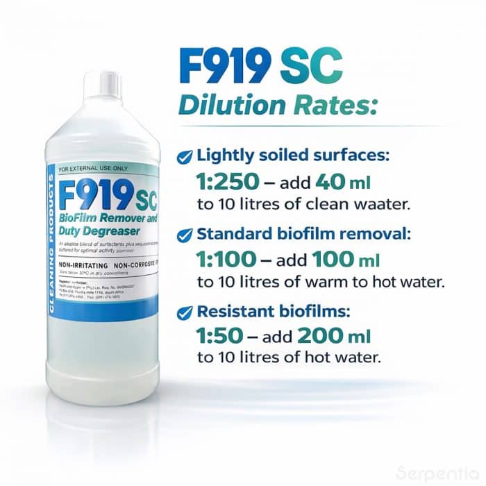 F919 SC biofilm remover dilution rates for cleaning animal enclosures equipment and water systems