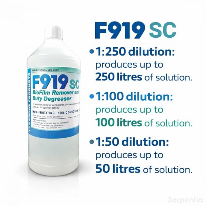 F919 SC biofilm remover dilution guide showing solution yield for different cleaning strengths