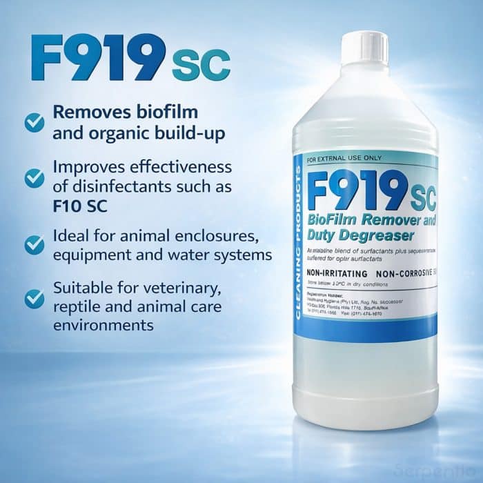 F919 SC biofilm remover and degreaser cleaning solution for animal enclosures equipment and veterinary environments