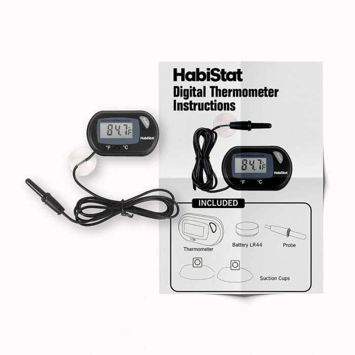 Habistat digital thermometer with instruction manual and included accessories