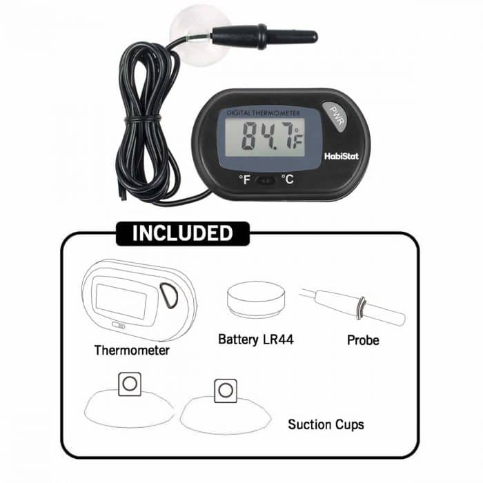 Habistat digital thermometer kit contents including probe battery and suction cups