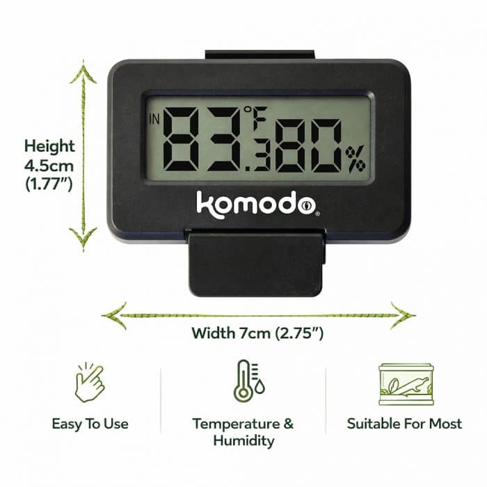 Komodo Advanced Combined Digital Thermometer and Hygrometer showing dimensions, temperature and humidity monitoring, and easy-use features