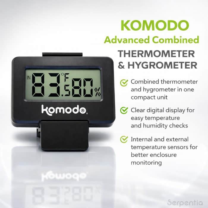 Komodo Advanced Combined Digital Thermometer and Hygrometer feature infographic showing compact design and clear digital display