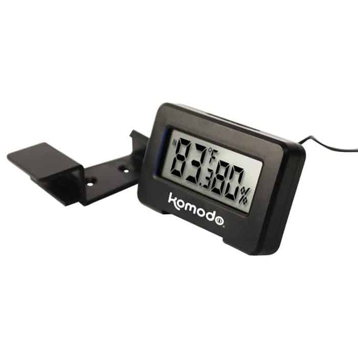 Komodo Advanced Combined Digital Thermometer and Hygrometer for reptile vivariums shown next to mounting bracket