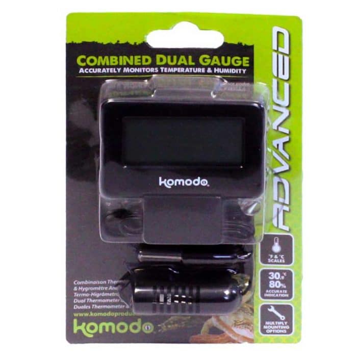 Komodo Advanced Combined Digital Thermometer and Hygrometer for reptile vivariums shown in retail packaging