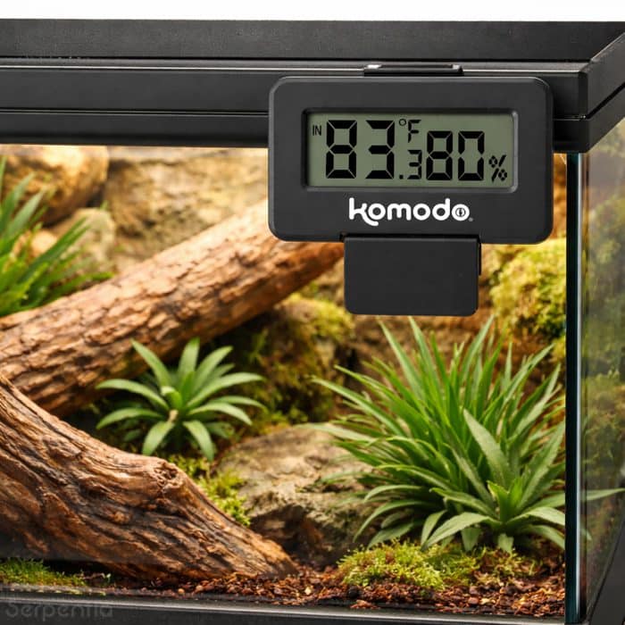 Komodo Advanced Combined Digital Thermometer and Hygrometer mounted on a vivarium for enclosure temperature and humidity monitoring