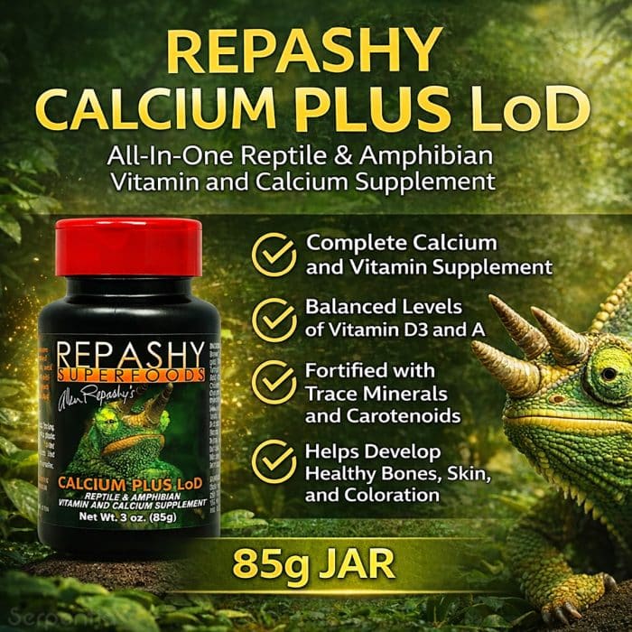 Repashy Calcium Plus LoD 85g all-in-one reptile and amphibian calcium and vitamin supplement showing key benefits and nutrition