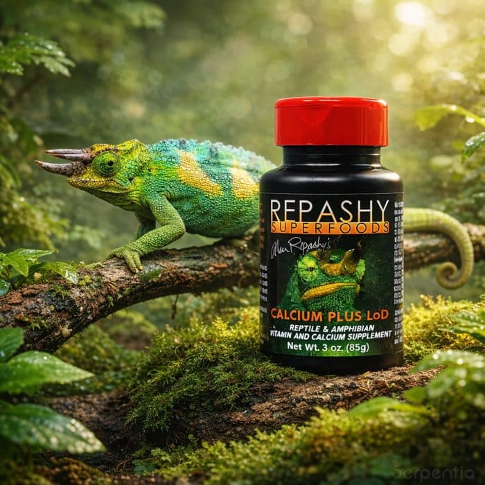 Repashy Calcium Plus LoD 85g reptile and amphibian vitamin and calcium supplement with Jacksons chameleon in natural habitat setting