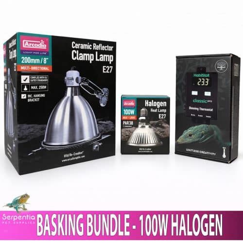 Reptile basking bundle with Arcadia 20cm stainless steel clamp lamp, 100W halogen heat lamp and HabiStat dimming thermostat