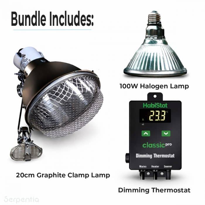 Bundle includes Arcadia 20cm graphite clamp lamp, 100W halogen lamp and HabiStat dimming thermostat