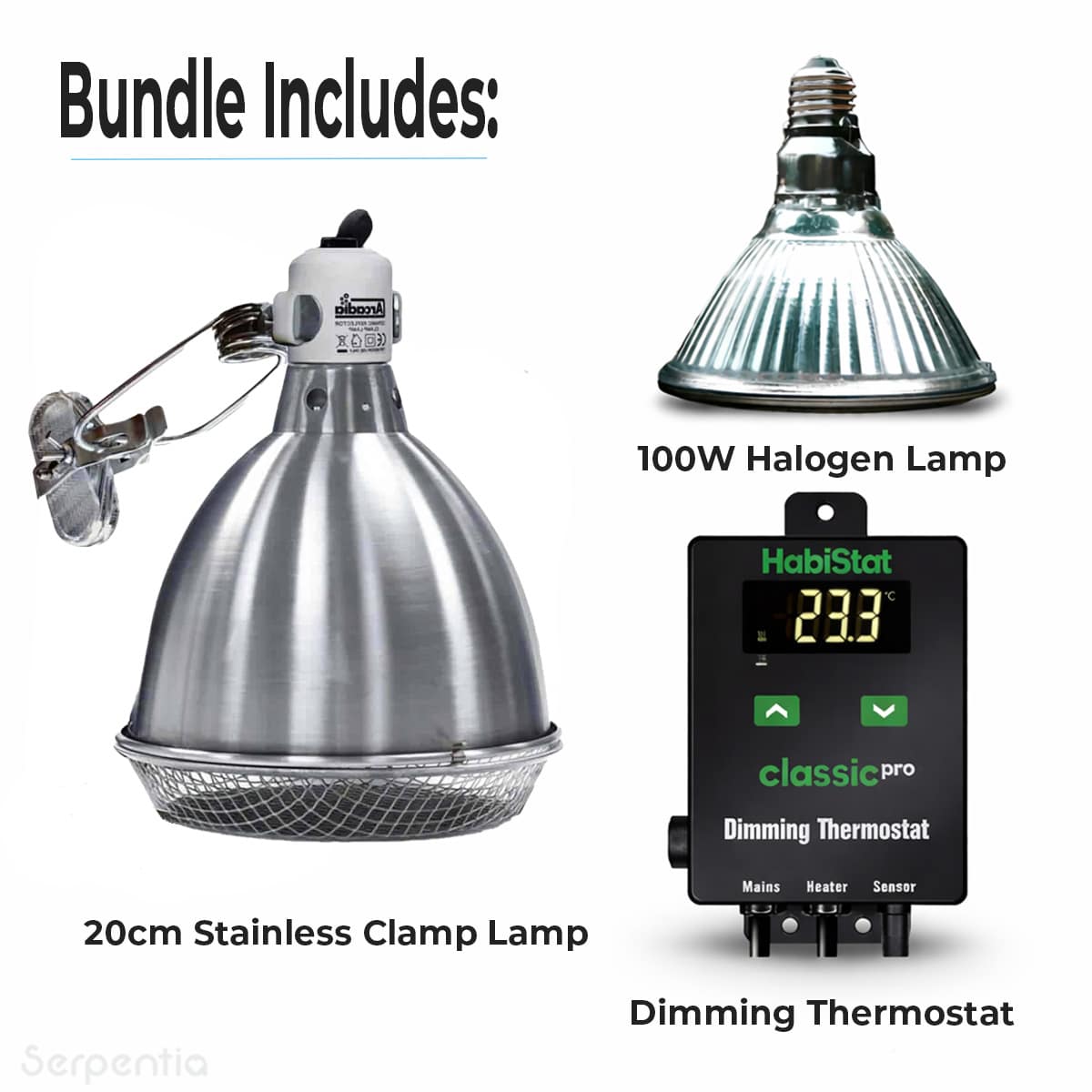 Bundle includes Arcadia 20cm stainless steel clamp lamp, 100W halogen lamp and HabiStat dimming thermostat