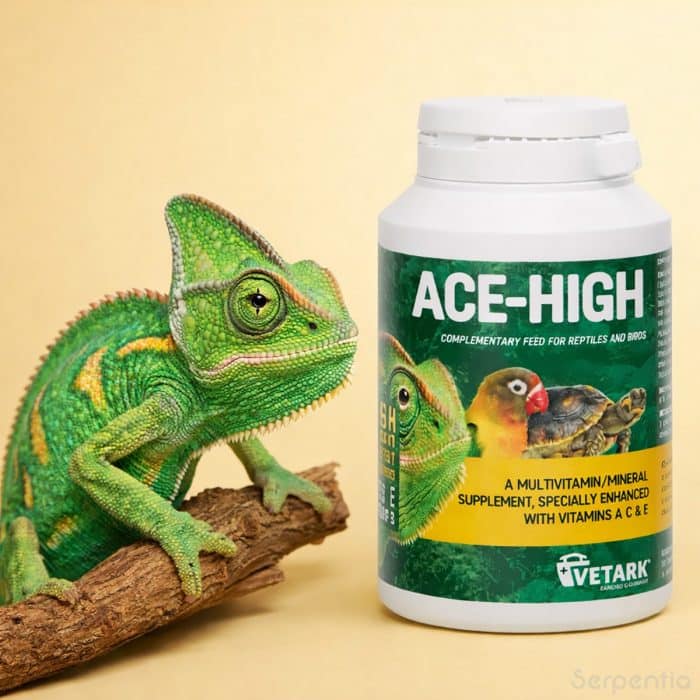 Vetark ACE-High 100g multivitamin supplement for reptiles shown with chameleon for vitamin support
