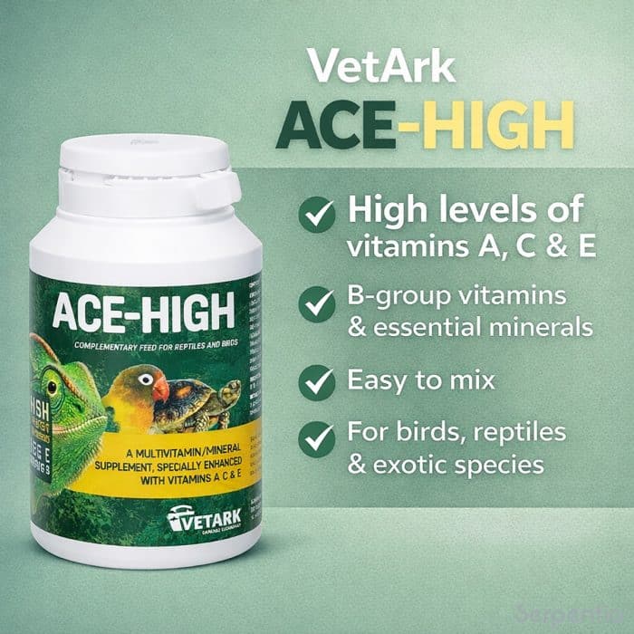 Vetark ACE-High reptile and bird supplement providing elevated vitamins A C and E and balanced nutrition support