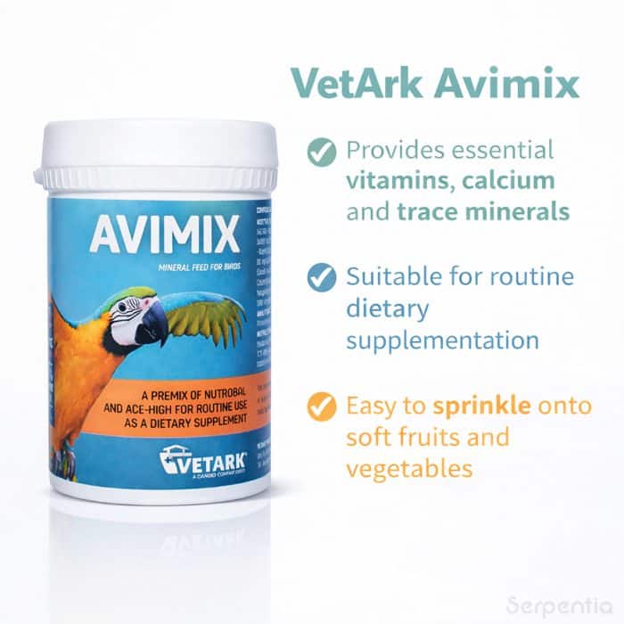 Vetark Avimix 50g bird supplement providing vitamins calcium and trace minerals for routine use