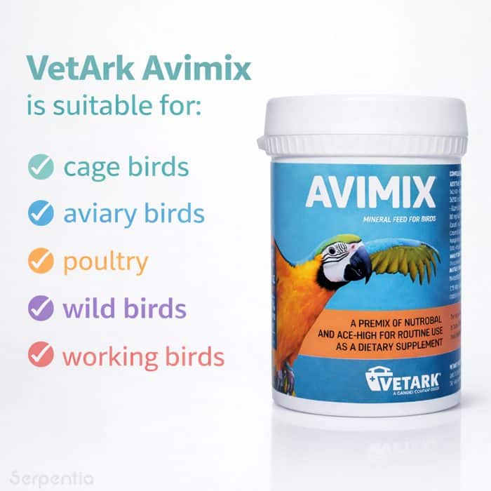 Vetark Avimix 50g vitamin supplement suitable for cage birds aviary birds poultry wild and working birds