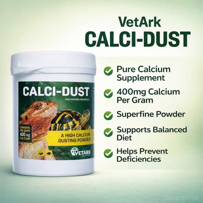Vetark Calci-Dust calcium dusting powder showing key benefits including pure calcium, fine powder and balanced reptile nutrition