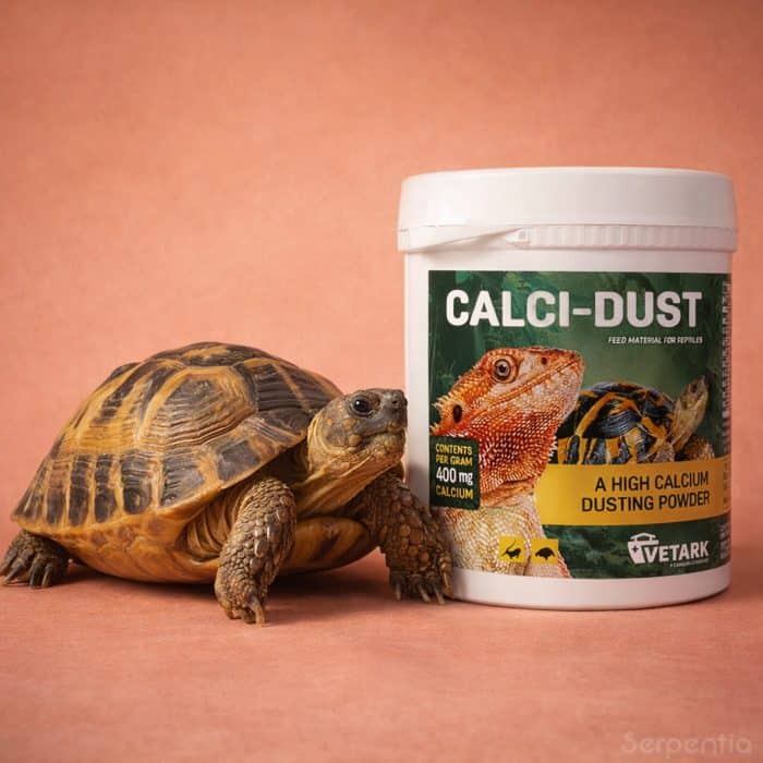 Vetark Calci-Dust 150g calcium supplement for reptiles shown with a tortoise to support strong bones and shell health