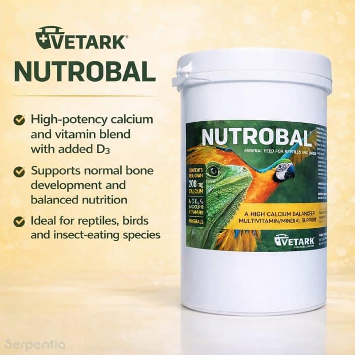Vetark Nutrobal 250g calcium and vitamin D3 supplement for reptiles and birds with key benefits shown