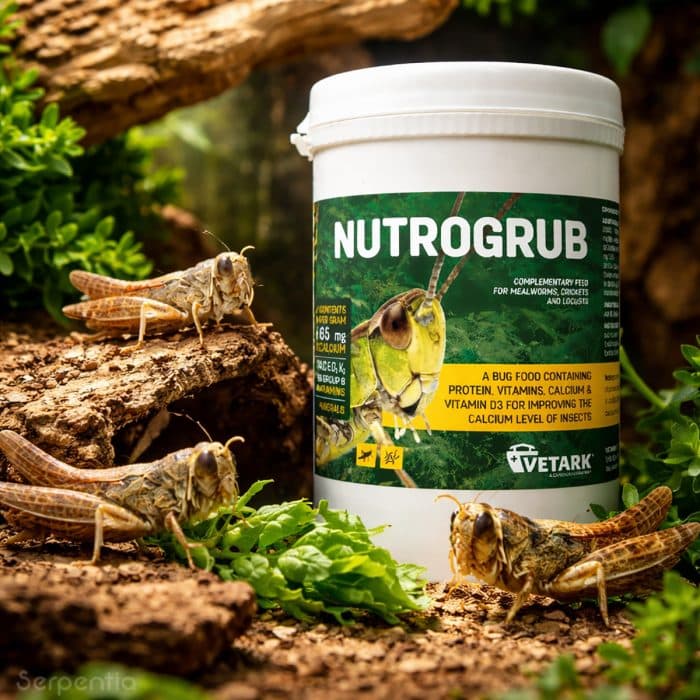 Vetark Nutrogrub insect gutload food with locusts in natural habitat setup