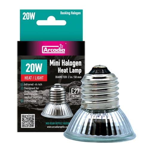 Arcadia 20W Mini Halogen Basking Lamp with retail packaging