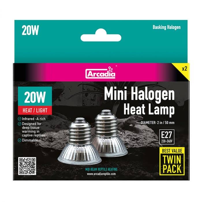Arcadia 20W Mini Halogen Basking Lamp twin pack retail packaging front