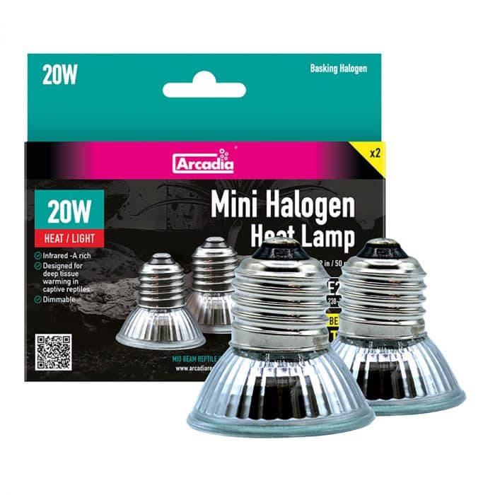 Arcadia 20W Mini Halogen Basking Lamp twin pack with retail packaging
