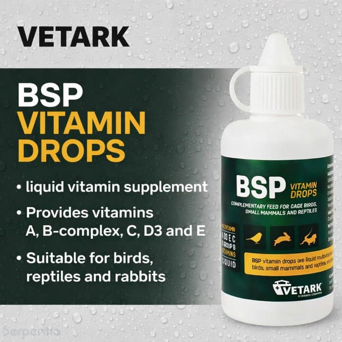 Vetark BSP Vitamin Drops 50ml liquid vitamin supplement infographic for birds reptiles and rabbits