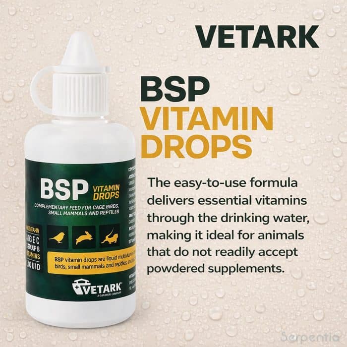 Vetark BSP Vitamin Drops 50ml infographic showing liquid vitamin supplement for use in drinking water