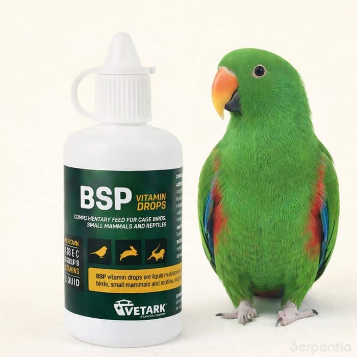 Vetark BSP Vitamin Drops 50ml with green parrot for birds reptiles and small mammals