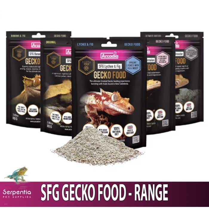 Arcadia SFG Gecko Food range including Lychee & Fig, Ultimate Breeder, Original, Banana and Fig and Luxury Watermelon